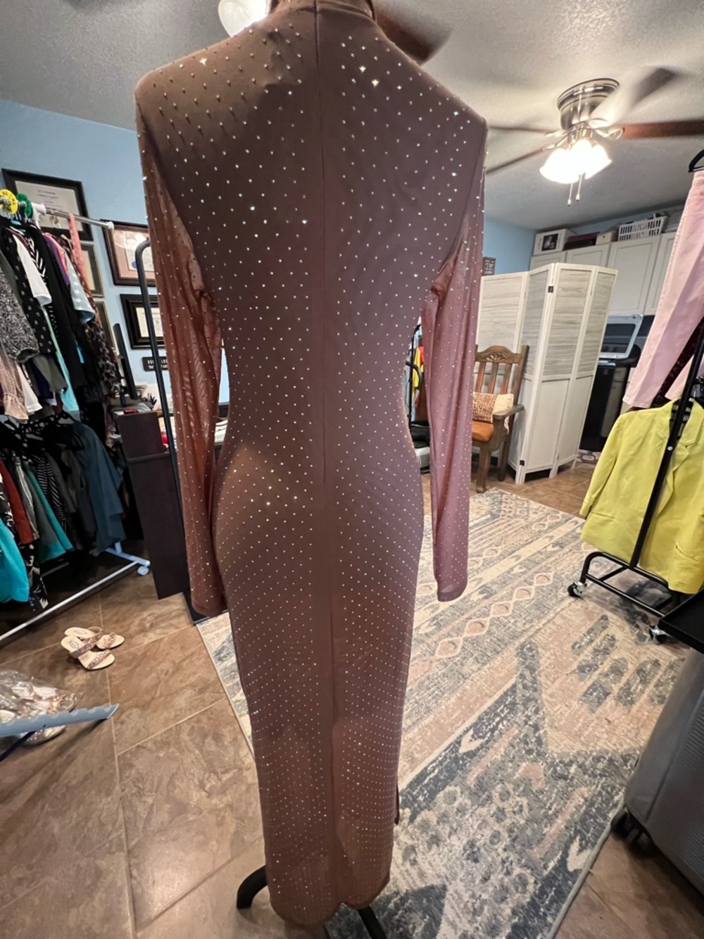 Rhinestone-Embellished Brown Long-Sleeve Maxi Dress - Picture 2 of 2